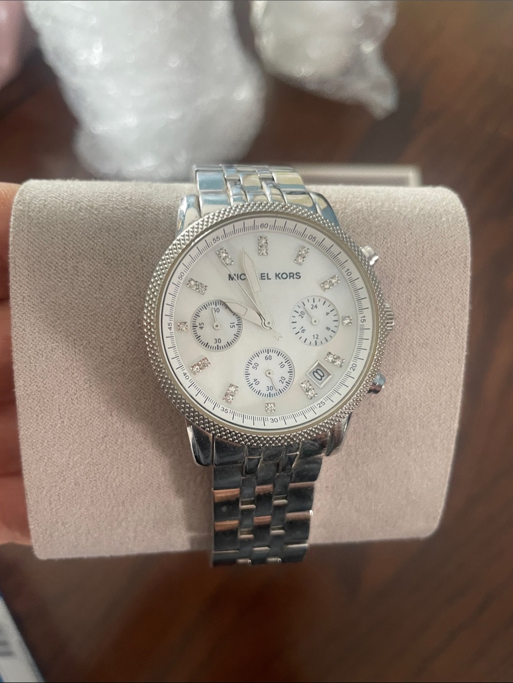 Michael Kors Silver and White Crystal Dial Chronograph Bracelet Watch